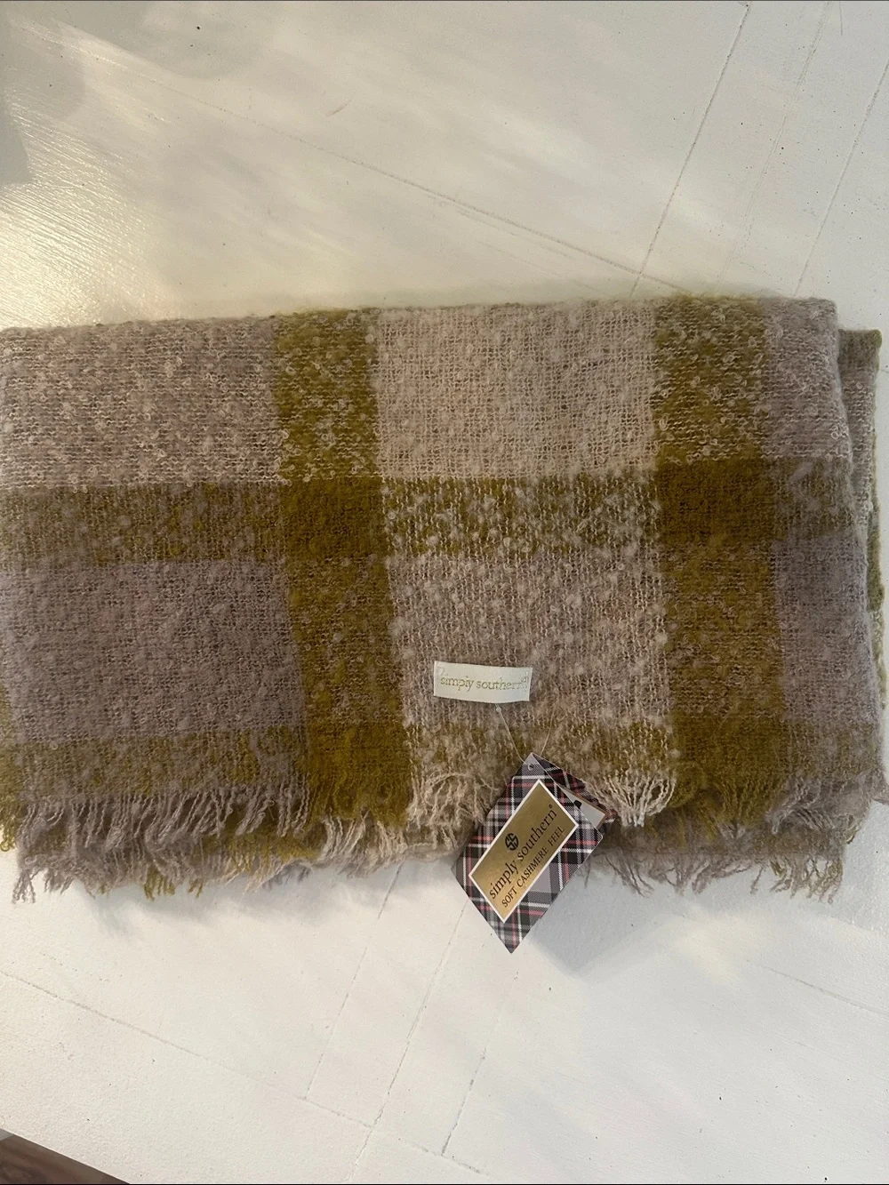 Simply Southern Olive & Taupe Plaid Fringe Scarf